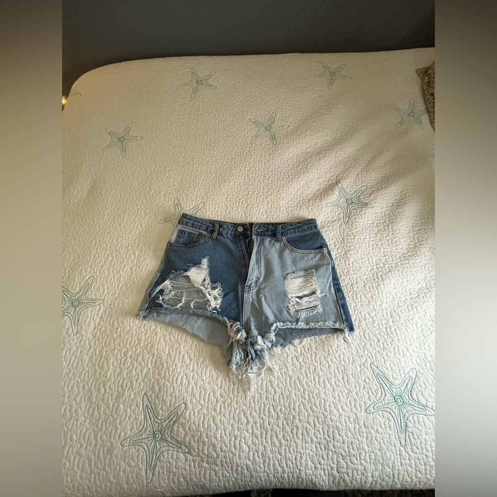 Distressed Checkered High Waisted Denim Shorts